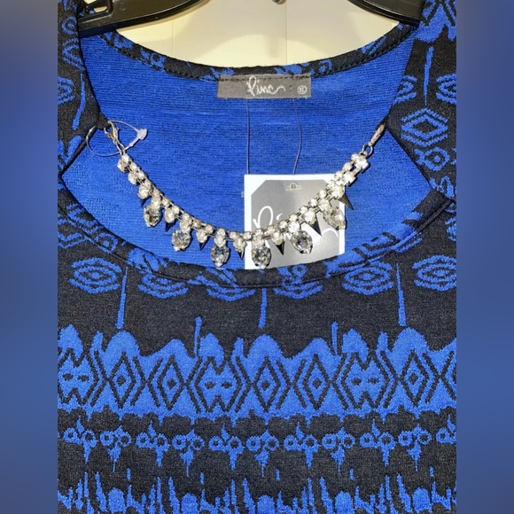 Prime Women's Midi Dress Black and Blue with Removable Rhinestone Necklace Sz XL - Picture 2 of 4
